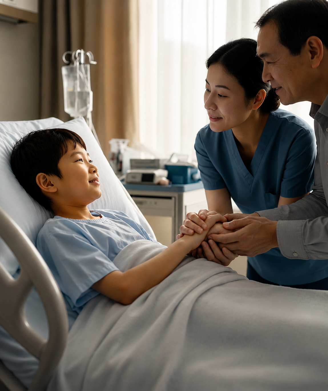A patient holding hands with family in a hospital room