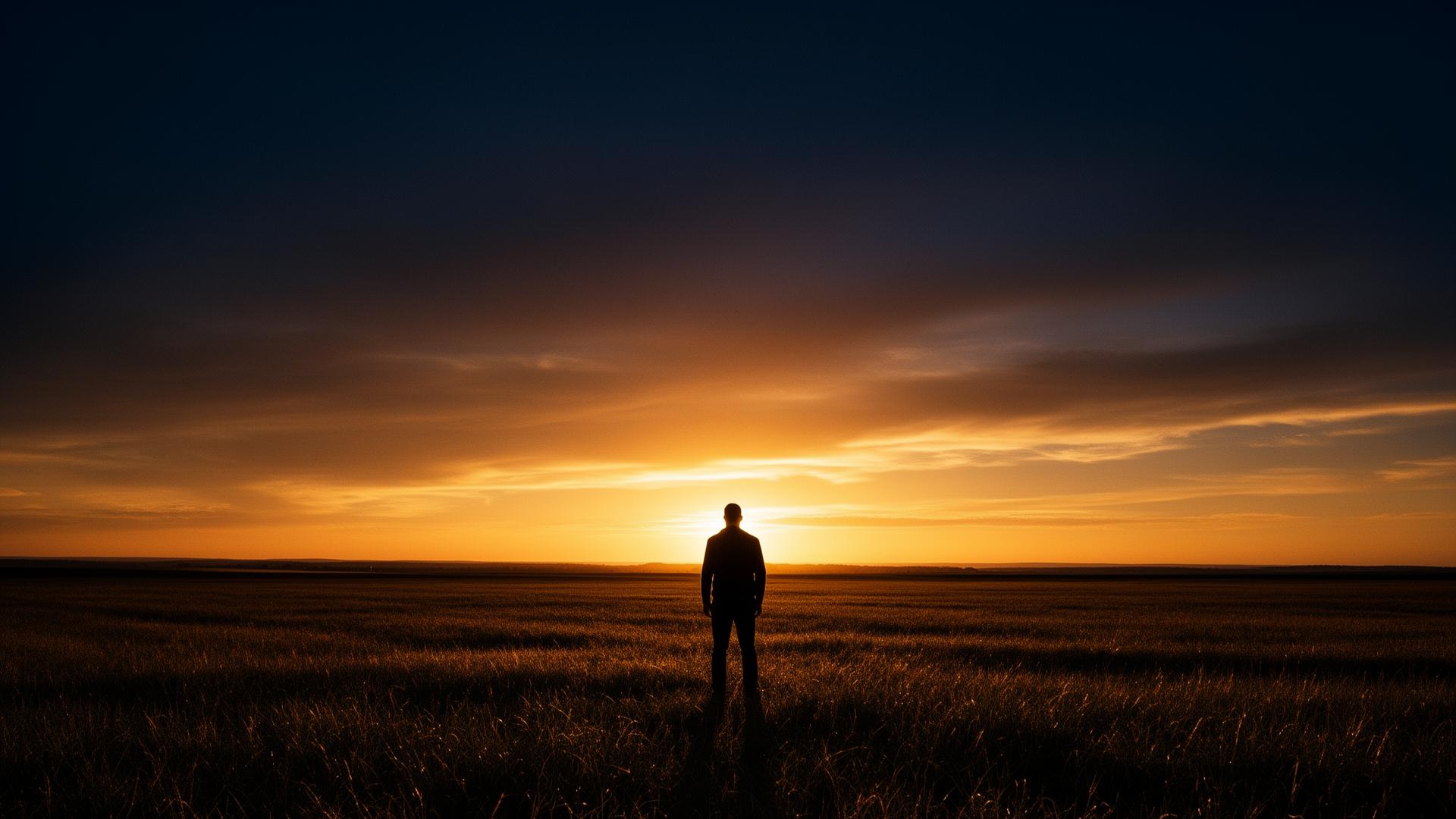 A figure looking out toward a sunset horizon